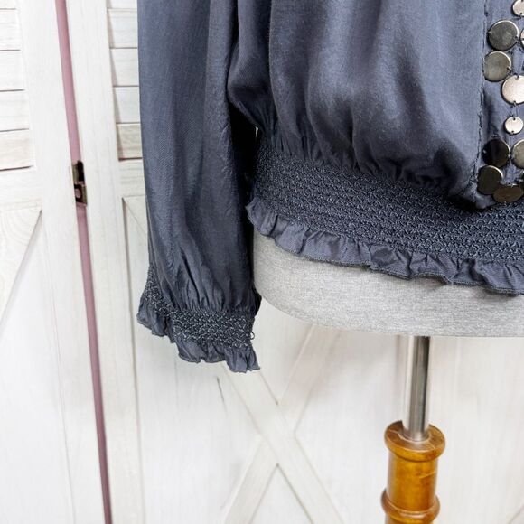 Nine West Smocked Charm Detail On Off Shoulder Peasant Blouse Blue Grey Medium - Picture 7 of 13